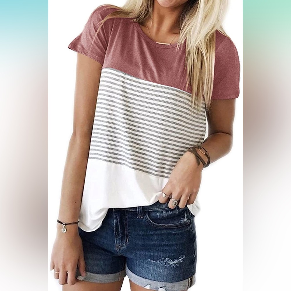 NWT YunJey Round Neck Triple Color Block Stripe T-Shirt